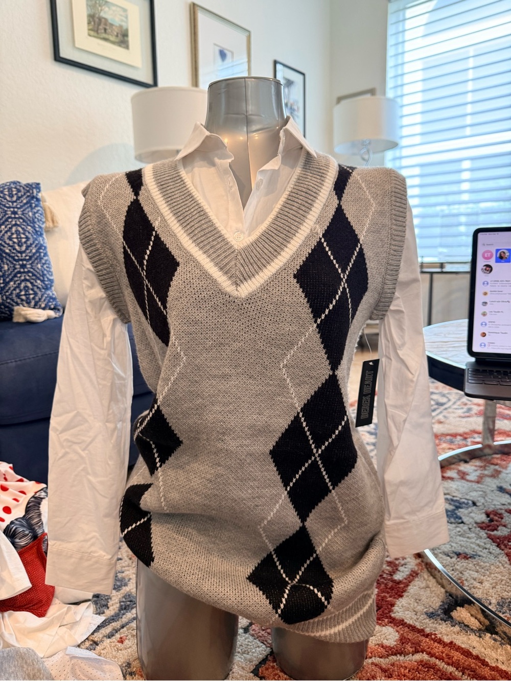 Derek Heart Gray and Black Argyle V-Neck Sweater Vest